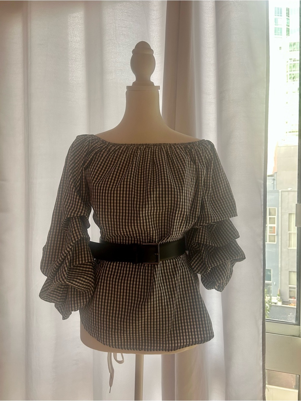 Women's Black & White Gingham Off-Shoulder Ruffle Sleeve Top